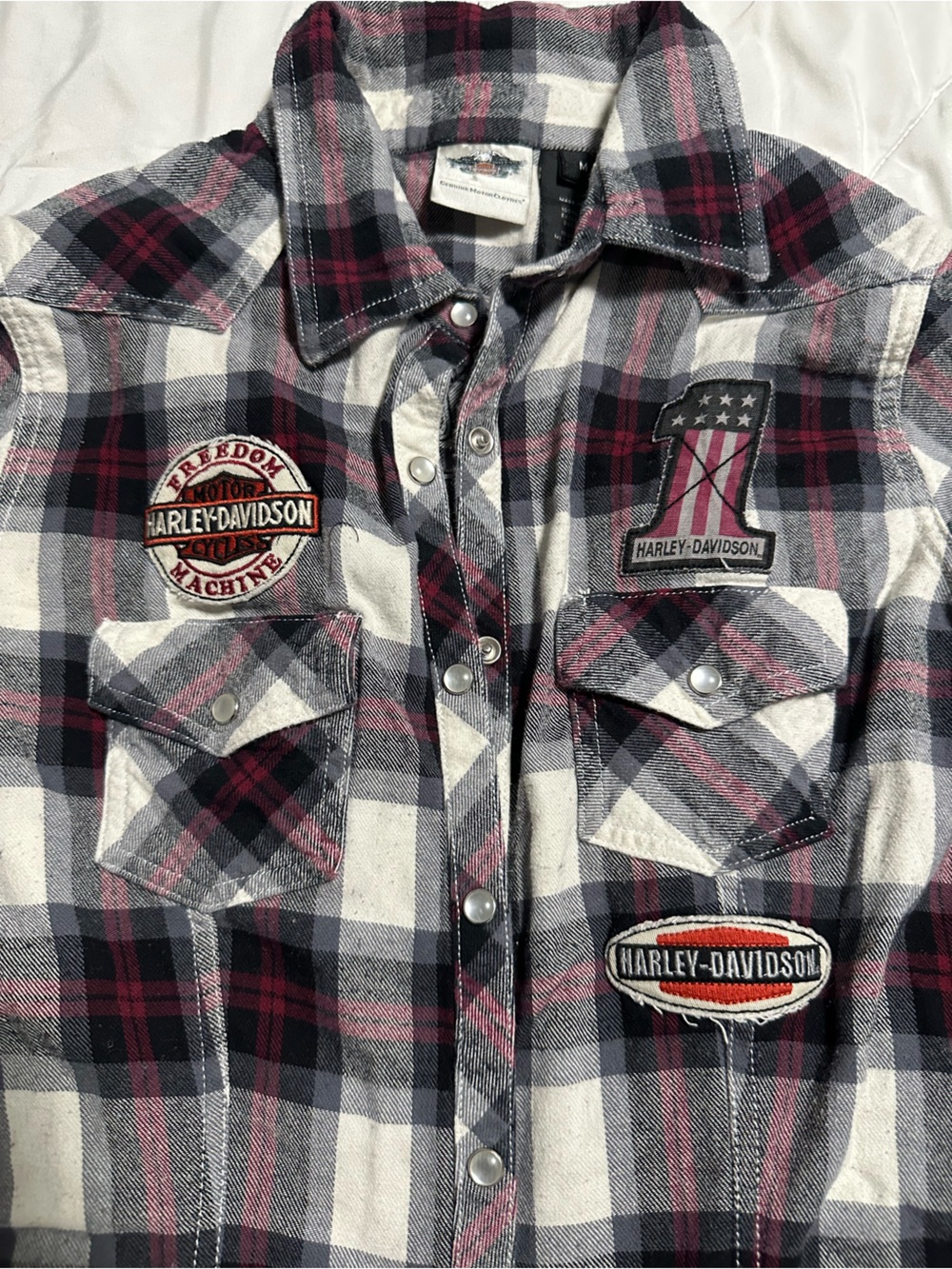 Harley-Davidson Black, White & Burgundy Plaid Patch Shirt Jacket